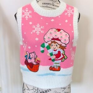 Pink Novelty Crew Neck Sweater Vest with Candy Cane Girl Graphic